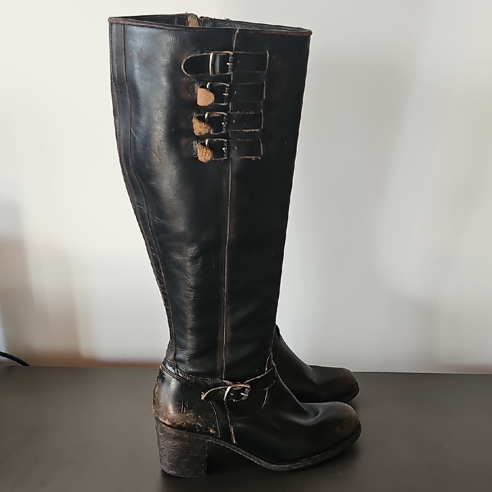 Frye Buckle Kelly Knee High Heel Boot Sz 10 Black Dark Brown Vintage